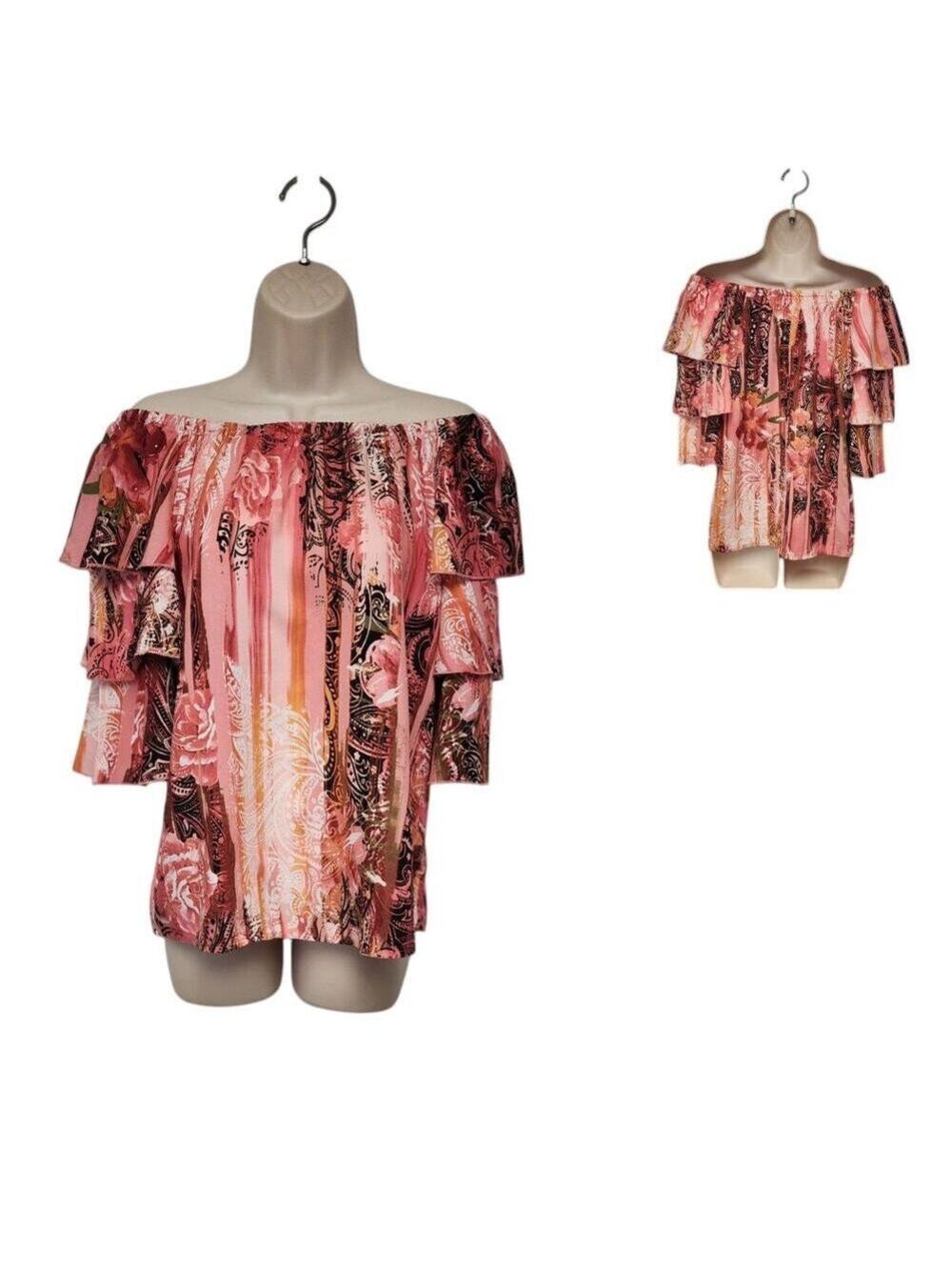 Cato Est 1946 Tiered Ruffle Sleeve 3/4 Sleeve Floral Blouse Pink/Black Size M